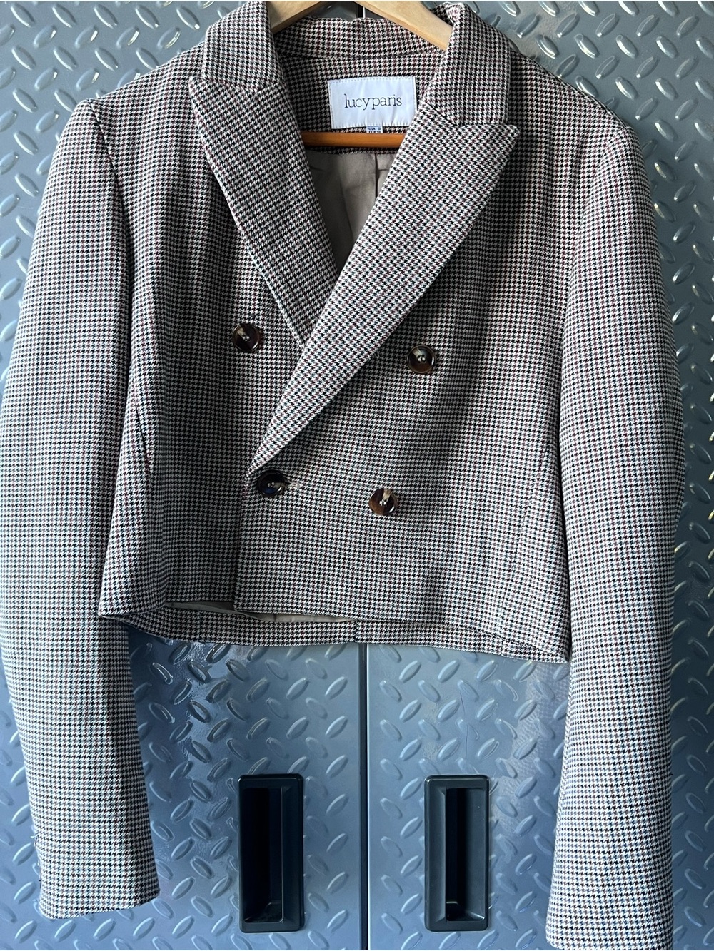 Lucy Paris Cropped Houndstooth Double Breasted Blazer Size S